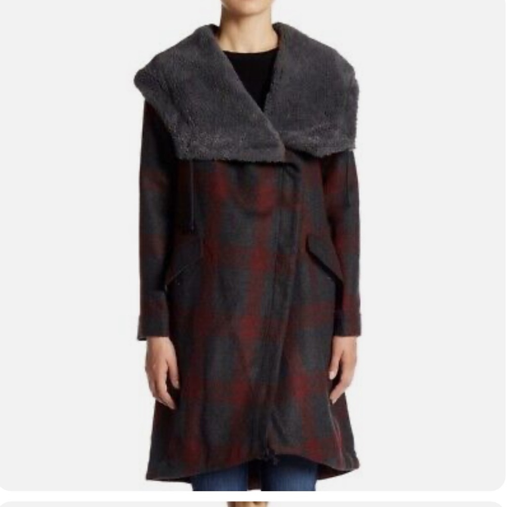 BB Dakota Plaid Wool Blend Coat with Faux Fur Shawl Collar long winter coat